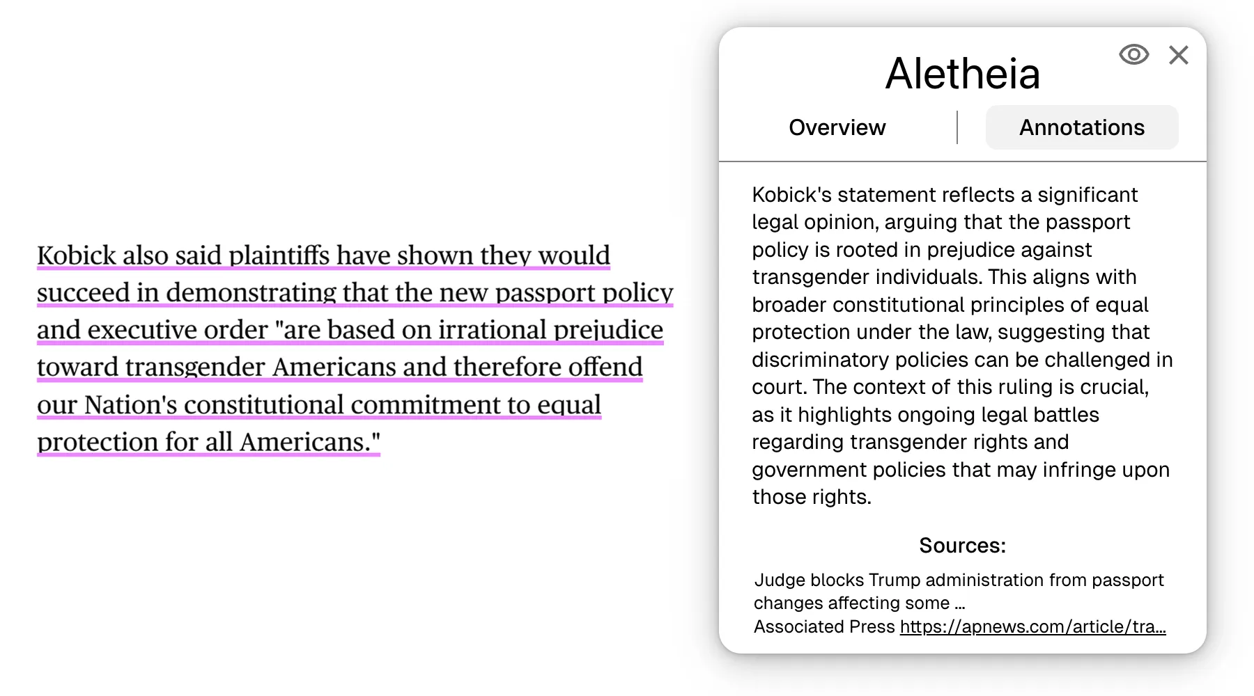Screenshot of Aletheia checking a statement for bias and inconstinencies.