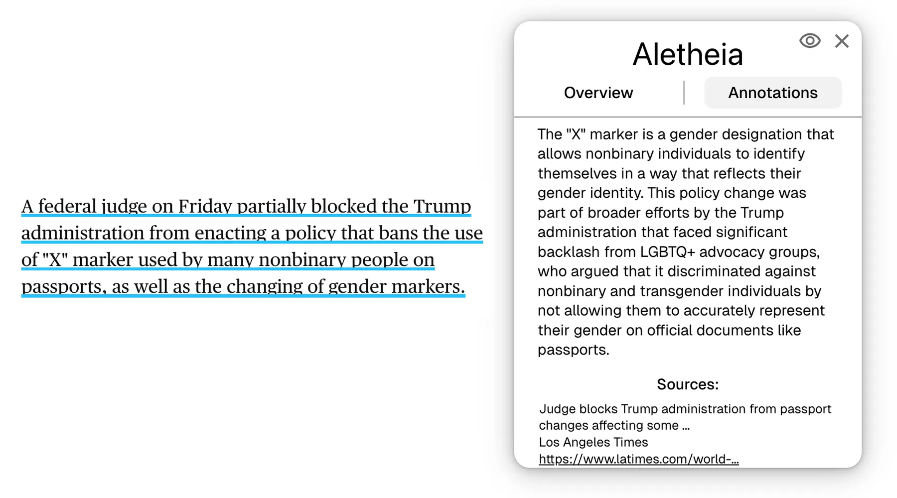 Screenshot of Aletheia providing context on a court dispute over passport changes by the U.S. government.