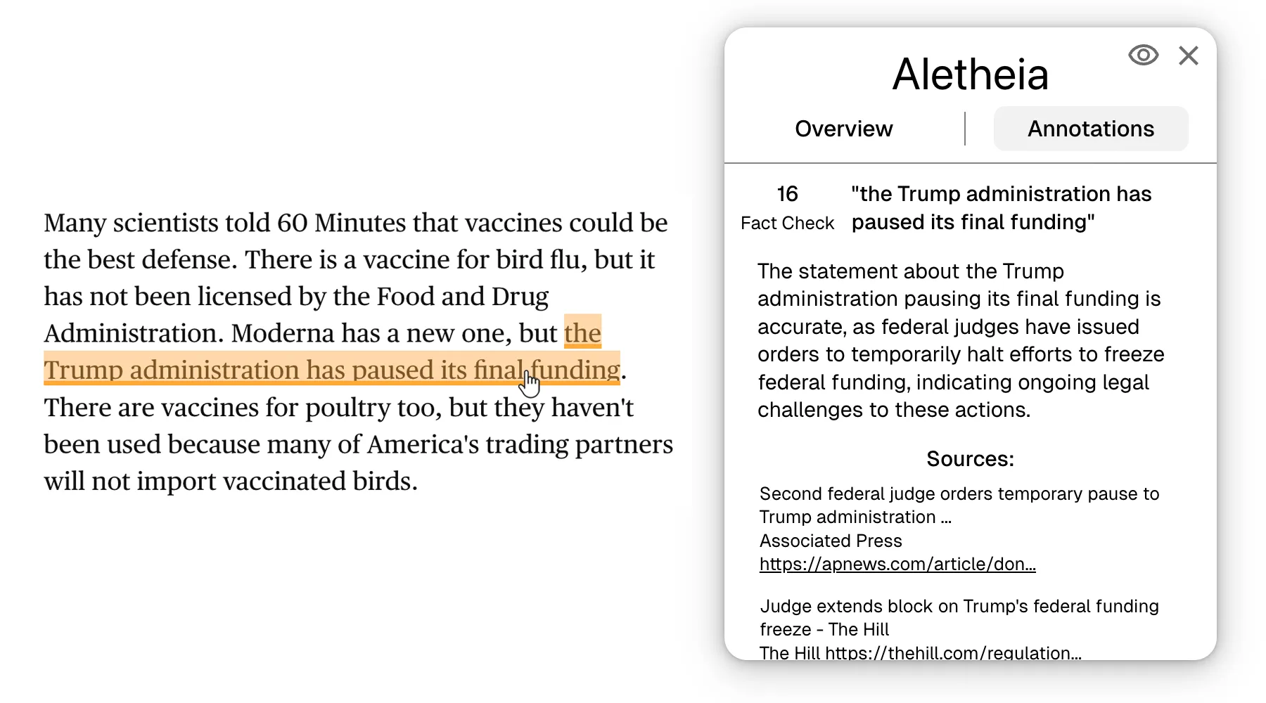 Screenshot of Aletheia fact checking an statement about the U.S. government pausing final funding for a new bird flu vaccine